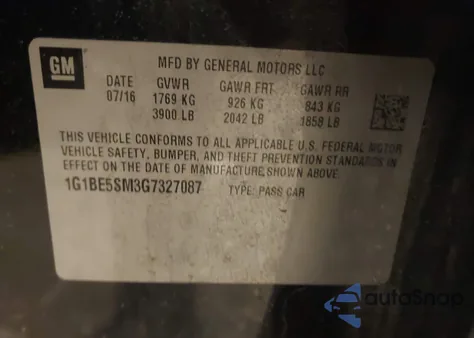 2016 Chevrolet Cruze Lt Auto z USA, uszkodzony, nr VIN 1G1BE5SM3G7327087